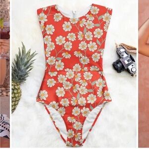 Averie Adeline Zip Up One Piece Daisy Print Swimwear swimsuit art deco
